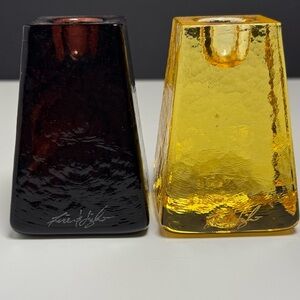 Fire and Light Pair of Art Glass Candle Holders Yellow/Gold and Deep Purple